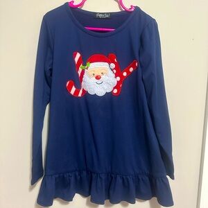 NWOT Navy long sleeve t-shirt ruffle hem Christmas girls dress w/🎅joy embroidery